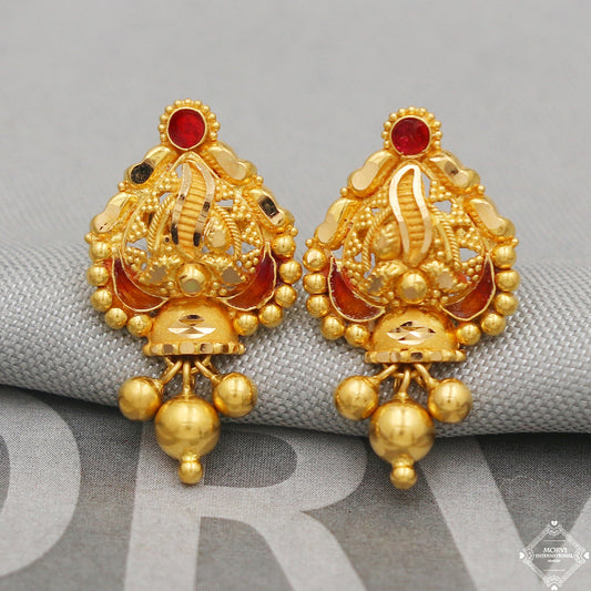 22k Yellow Gold Earrings Unique Handmade Indian 22kt Gold Bell Earrings Jewelry for Gift, K5123