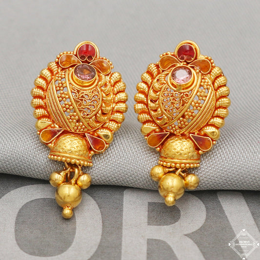 22k Yellow Gold Earrings Unique Handmade Indian 22kt Gold Bell Earrings Jewelry for Gift, K5124