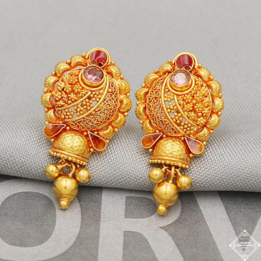 22k Yellow Gold Earrings Unique Handmade Indian 22kt Gold Bell Earrings Jewelry for Gift, K5125