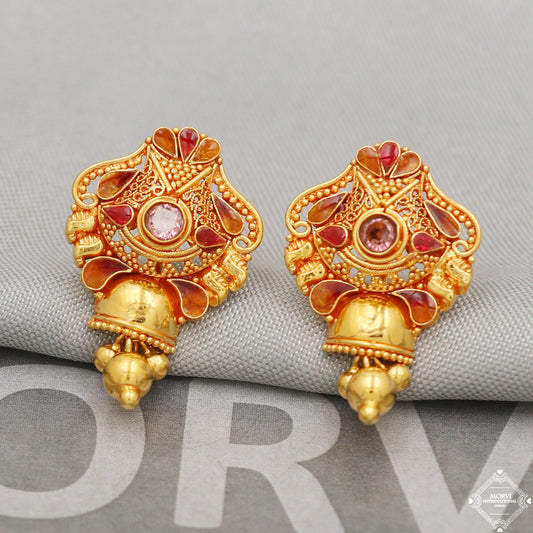 22k Yellow Gold Earrings Unique Handmade Indian 22kt Gold Dangling Bell Earrings Jewelry for Gift, K5126