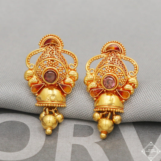 22k Yellow Gold Earrings Unique Handmade Indian 22kt Gold Dangling Bell Earrings Jewelry for Gift, K5127