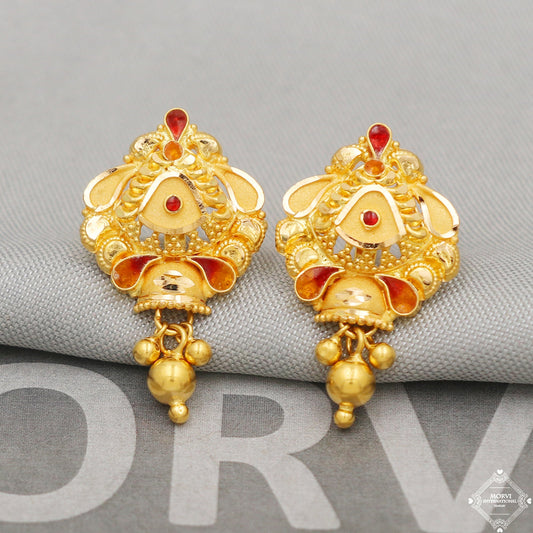 22k Yellow Gold Earrings Unique Handmade Indian 22kt Gold Dangling Bell Earrings Jewelry for Gift, K5128