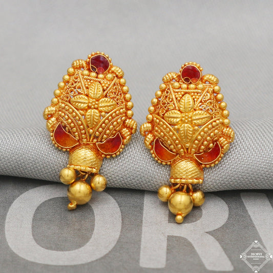 22k Yellow Gold Earrings Unique Handmade Indian 22kt Gold Filigree Flower Earrings Jewelry for Gift, K5130