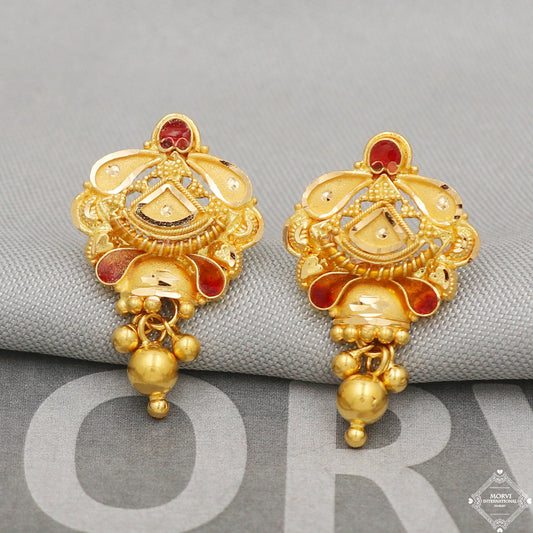 22k Yellow Gold Earrings Unique Handmade Indian 22kt Gold Stud Dangling Bells Earrings Jewelry for Gift, K5133