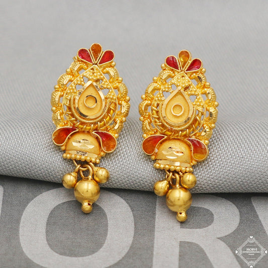 22k Yellow Gold Earrings Unique Handmade Indian 22kt Gold Stud Dangling Bells Earrings Jewelry for Gift, K5134