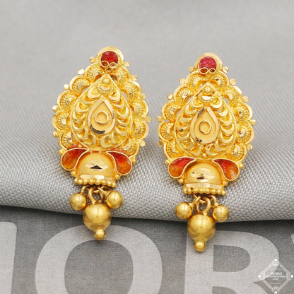 22k Yellow Gold Earrings Unique Handmade Indian 22kt Gold Stud Dangling Bell Earrings Jewelry for Gift, K5137