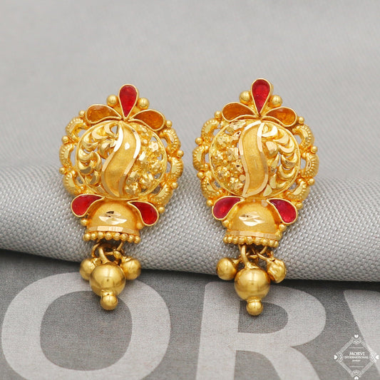 22k Yellow Gold Earrings Unique Handmade Indian 22kt Gold Stud filigree Dangling Bell Earrings Jewelry for Gift, K5139