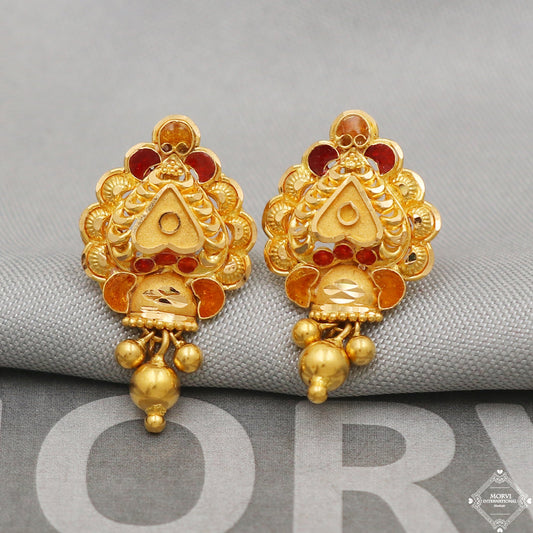 22k Yellow Gold Earrings Unique Handmade Indian 22kt Gold Stud filigree Dangling Bell Earrings Jewelry for Gift, K5140