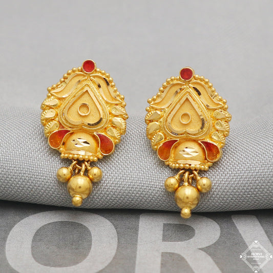 22k Yellow Gold Earrings Stud Style, Indian Handmade gold earrings for women, Wedding Party Wear Ethnic Earrings for Gift, K5205