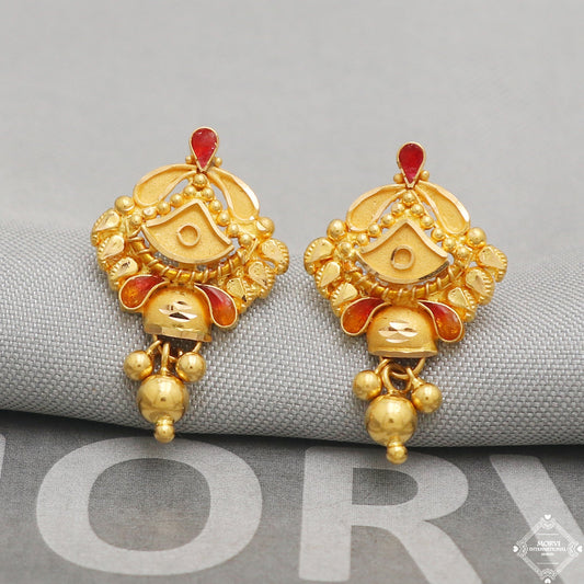 22k Yellow Gold Earrings Stud Style, Indian Handmade gold earrings for women, Wedding Party Wear Ethnic Earrings for Gift, K5206