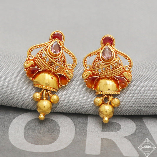 22k Yellow Gold Earrings Stud Style, Indian Handmade gold earrings for women, Wedding Party Wear Ethnic Earrings for Gift, K5209