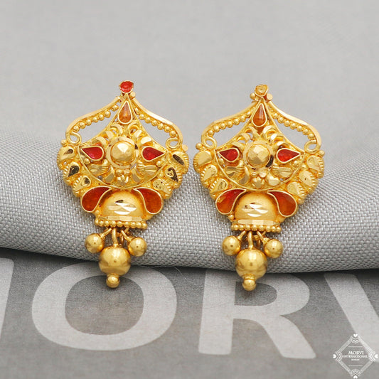 22k Yellow Gold Earrings Stud Style, Indian Handmade gold earrings for women, Wedding Party Wear Ethnic Earrings for Gift, K5210