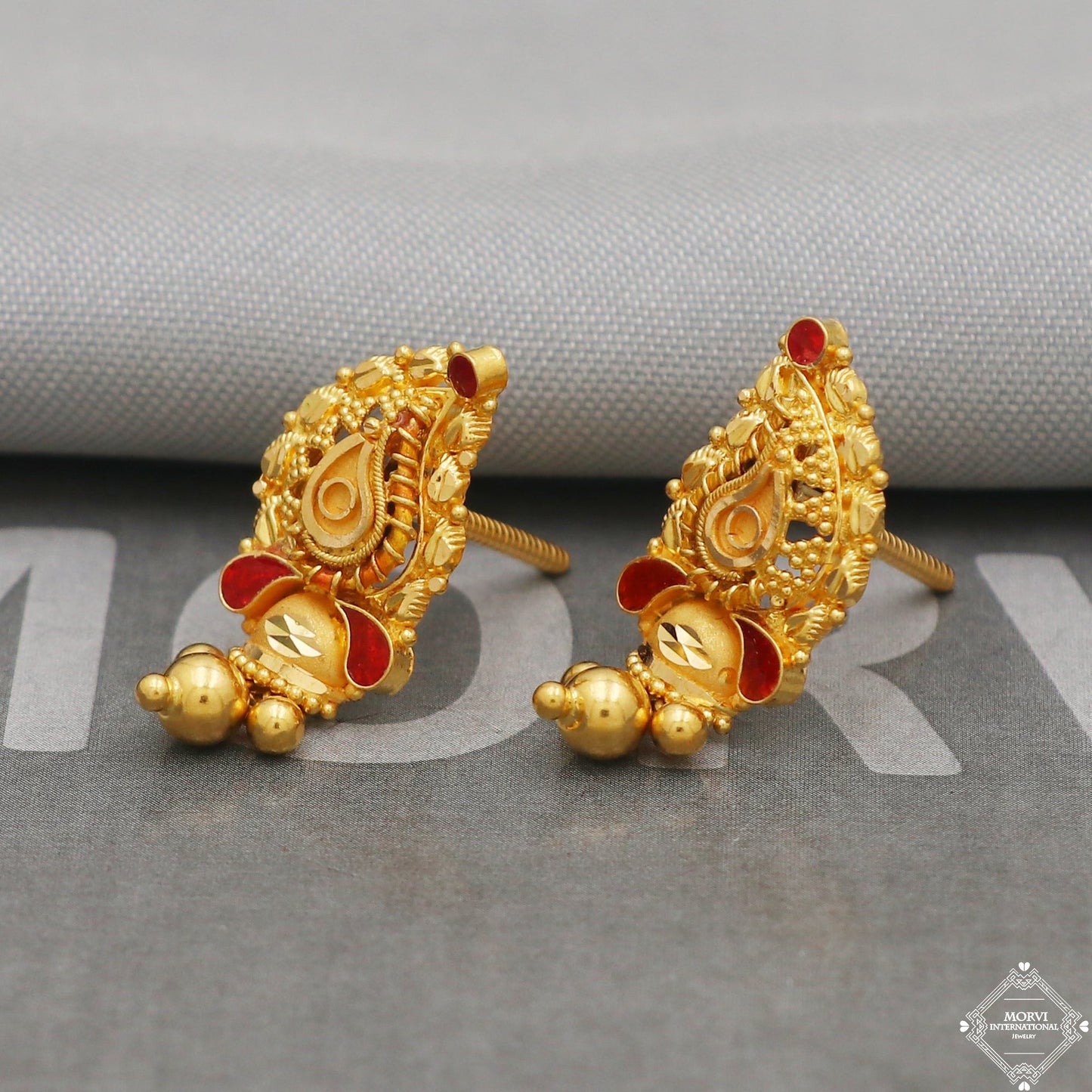 Pure 22k 22kt 22 karat Gold Earring Pair, Handmade Indian Jewelry for Gift, K5233