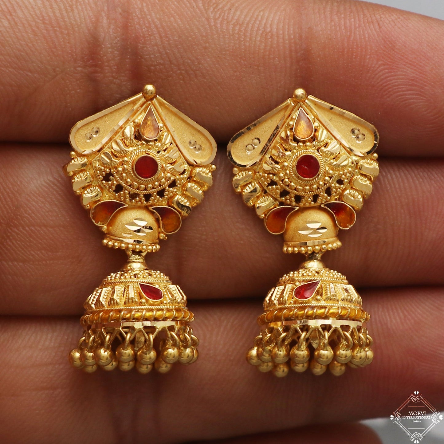 22k Yellow Gold Earrings Jhumki jewelry , handmade vintage Pure Traditional wedding indian style Dangle Jhumki Earrings Chandelier, K5260