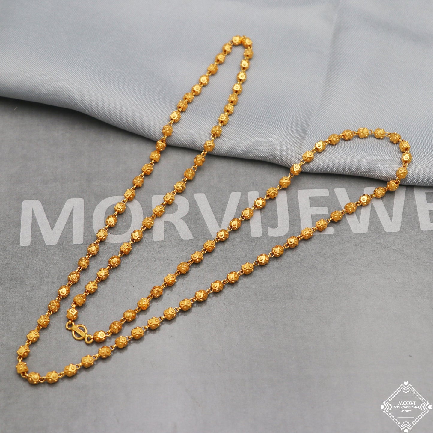 22k Yellow Gold Beads Chain Necklace 3 mm, 23.5 inch, Handmade Indian Gold unique chain Jewelry, K5287