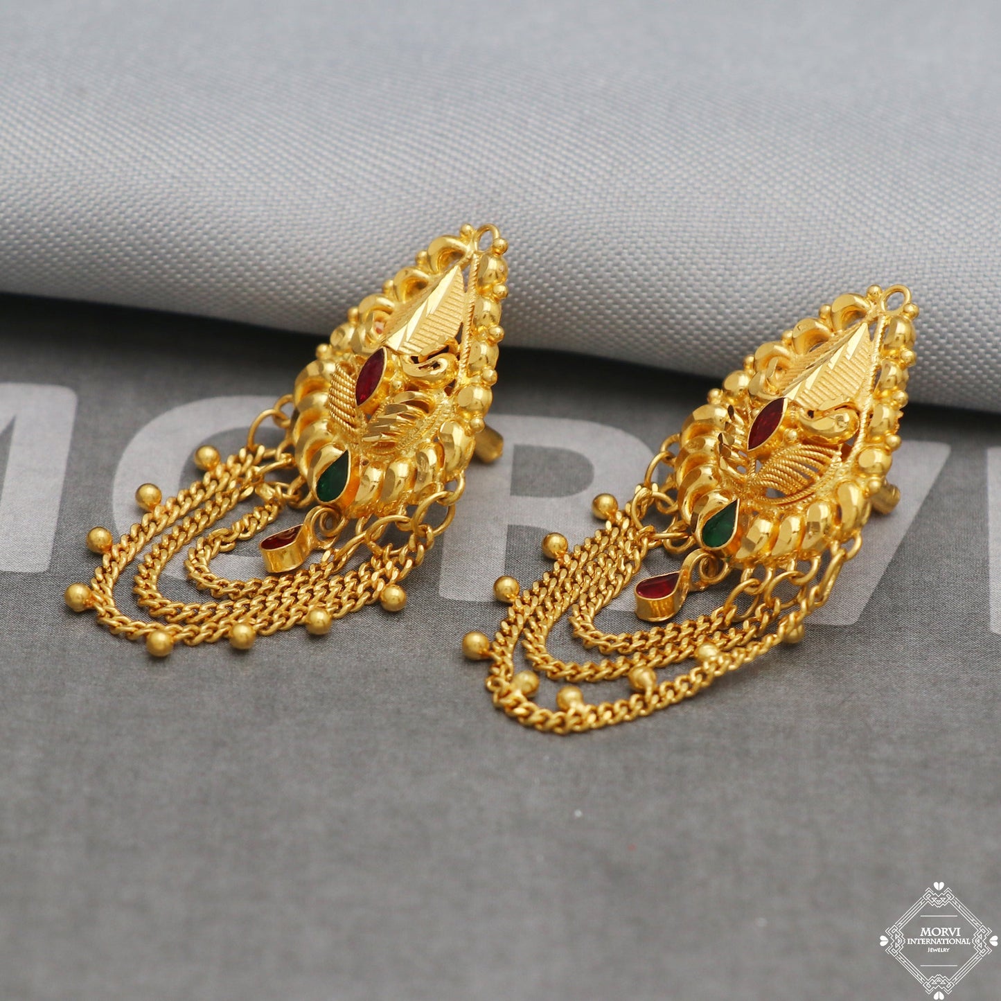 Indian traditional design chain earring handmade fabulous design 22 k 22 carat yellow gold hand carved chain earring jewelry for gift, K5337