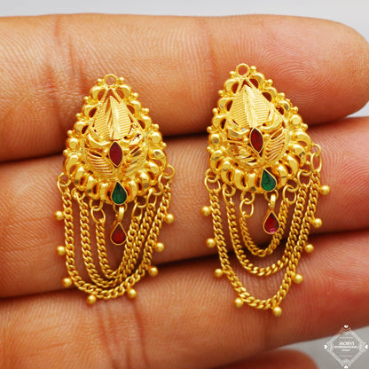 Indian traditional design chain earring handmade fabulous design 22 k 22 carat yellow gold hand carved chain earring jewelry for gift, K5337