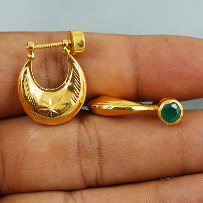 22k Gold Hoop Earrings with Carved Design and Green Stone | Ethnic Gold Jewelry | Elegant Gift for Women Men | Indian Gold Earrings, K5399