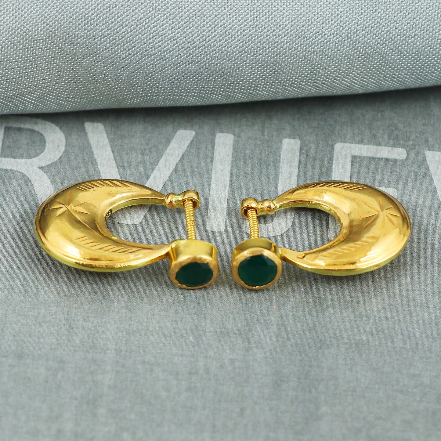 22k Gold Hoop Earrings with Carved Design and Green Stone | Ethnic Gold Jewelry | Elegant Gift for Women Men | Indian Gold Earrings, K5399