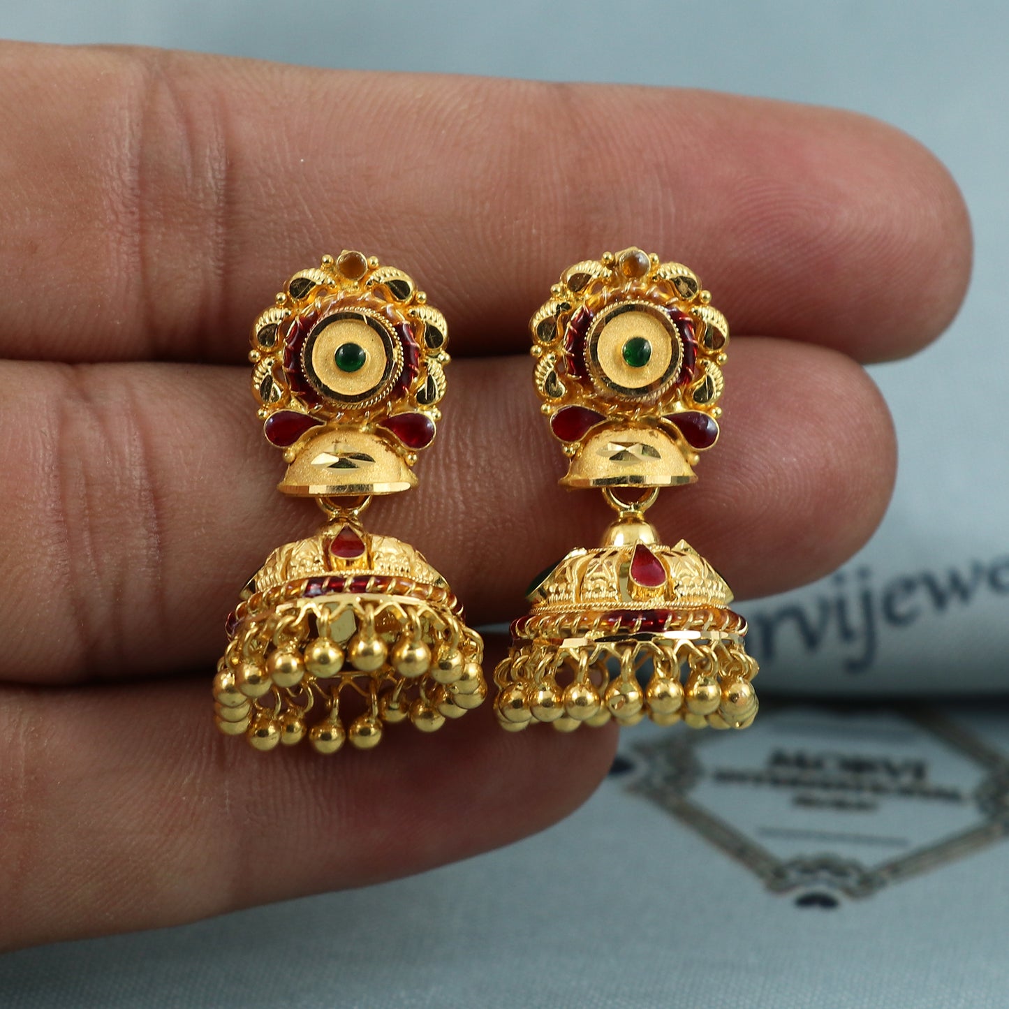 22k Yellow Gold Jhumka Earrings , handmade vintage Pure Traditional wedding indian style WEDDING Dangle Jhumki Earrings Chandelier, K5426