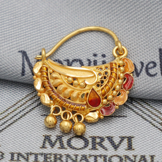 22k Gold Nose Ring Indian Vintage Design Pure Gold Nath / Earrings Nose Ring Traditional Handmade Nose pin, 22k Yellow Gold Nath Wedding Jewelry, K5491